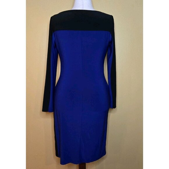 Chaps Pullover Shift Dress Womens Medium Ruched Front Long Sleeve Black Blue - Picture 2 of 11